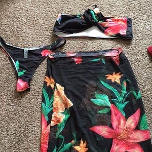 Three pack floral print bandeau bikini swimsuit with cover up skirt color black